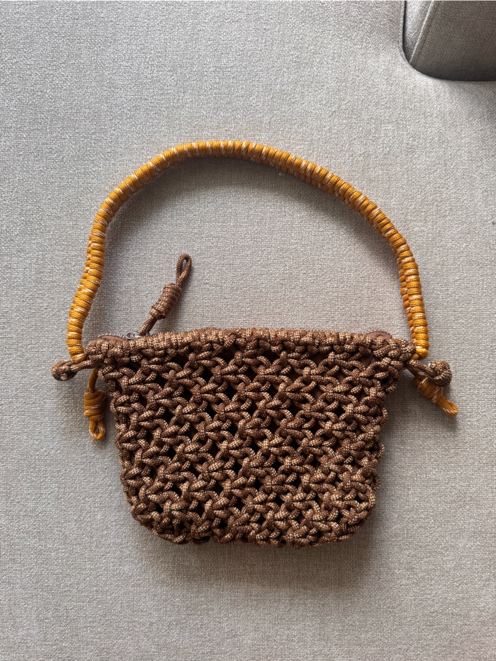 Zara Brown Crochet Rope Shoulder Bag with Mustard Strap